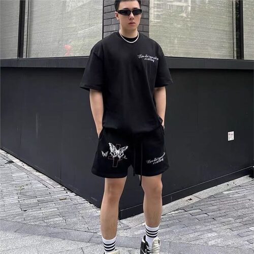 美式潮牌蝴蝶十字架字母休闲短裤男生夏季百搭宽松篮球运动五分裤
