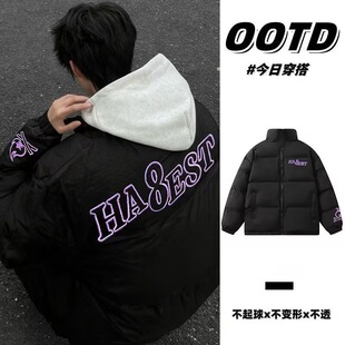 国潮牌休闲百搭棉服男款冬季美式加厚保暖立领字母印花宽松面包服