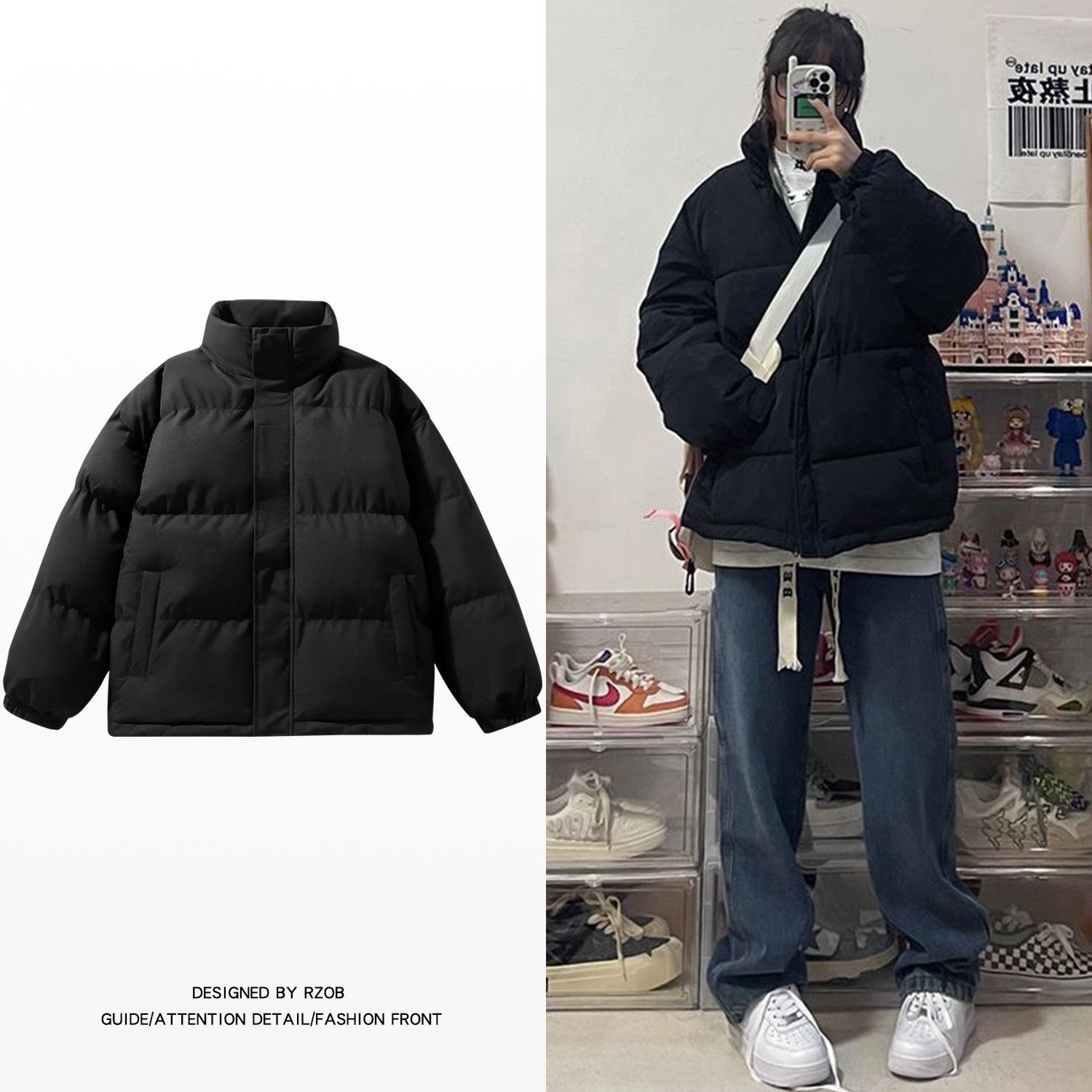 美式复古国潮牌棉服女冬季加厚面包服纯色棉衣宽松设计感个性外套