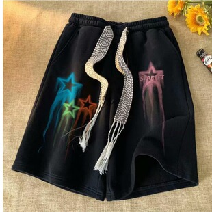 宽松阔腿运动中裤 潮牌高街设计感五分裤 子 男夏季 星星涂鸦休闲短裤