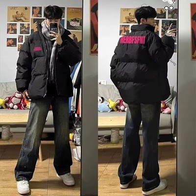 潮牌字母印花棉服男款冬季加厚棉衣2025新款宽松青少年面包服外套