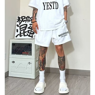 美式高街字母印花休闲短裤男夏季潮牌百搭宽松直筒阔腿抽绳五分裤