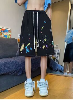 彩色泼墨五分短裤男款美式高街嘻哈小众休闲裤潮流宽松阔腿沙滩裤