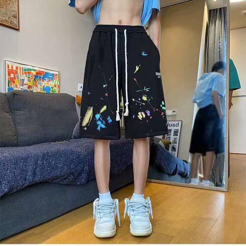 彩色泼墨五分短裤男款美式高街嘻哈小众休闲裤潮流宽松阔腿沙滩裤