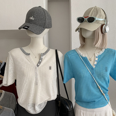 欧玛莱 刺绣V领微透薄款正肩短袖针织衫夏季韩版简约百搭上衣7265