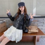 设计感条纹拼接黑色皮衣外套女2025年秋季新款小个子复古pu皮夹克，女装皮衣，2C200