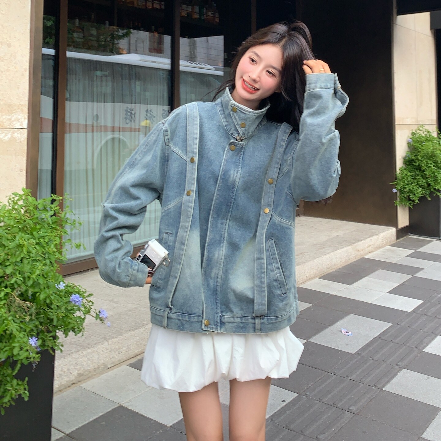 飘带拼接牛仔外套女春秋2025新款爆款流行超火美式休闲夹克短款,女装短外套,2C200