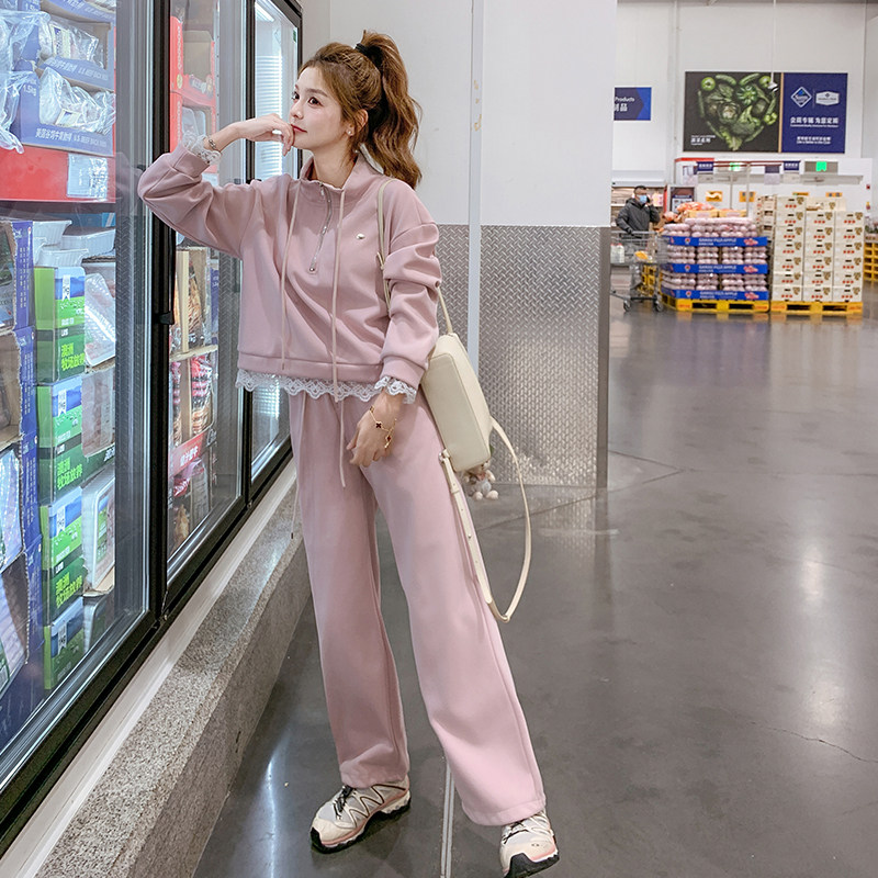 粉色休闲运动服套装女2025年春季新款蕾丝拼接卫衣配阔腿裤两件套,女装套装/套裙,2C200