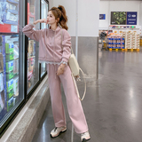 粉色休闲运动服套装女2025年春季新款蕾丝拼接卫衣配阔腿裤两件套，女装套装/套裙，2C200