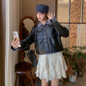 设计感条纹拼接黑色皮衣外套女2025年秋季新款小个子复古pu皮夹克图片