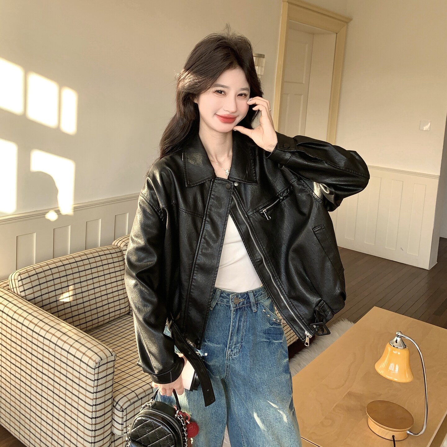 【出货】新款黑色拉链皮衣2C200-2612-P175-K288,女装皮衣,2C200