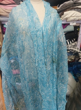 桑蚕丝绸浅蓝白色古卷草纹印花真丝顺竽乔其纱汉服制衣服装面布料