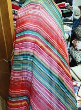 桑蚕丝绸红绿黄蓝彩条纹真丝乔其纱汉服裙子制衣服装面布料宽1.4