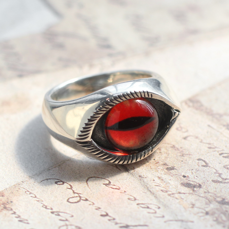 925纯银朋克红义眼横瞳复古戒指