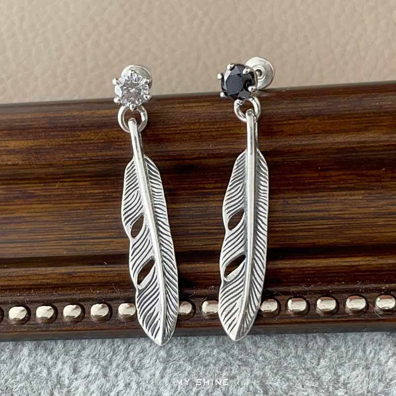 纯银锆石印第安通用羽毛耳钉