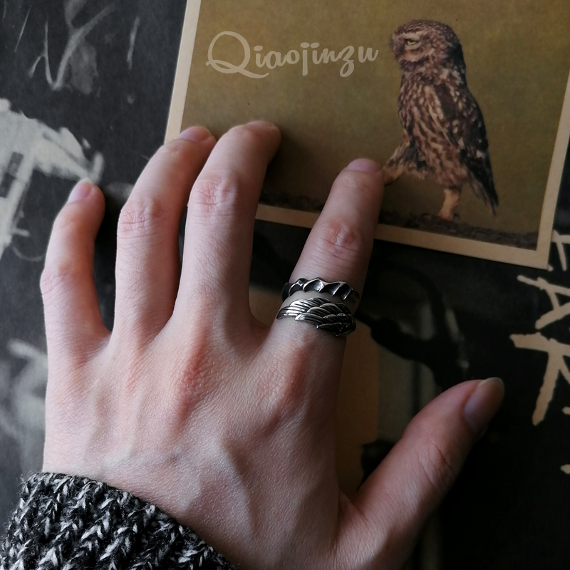 QJZ新款戒指925纯银鹰翼印第安风格题材Ring日系戒开口戒可调节