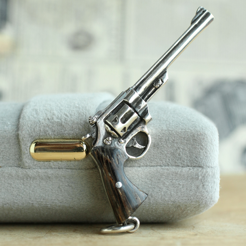 进口纯银吊坠项链复古牛仔手枪