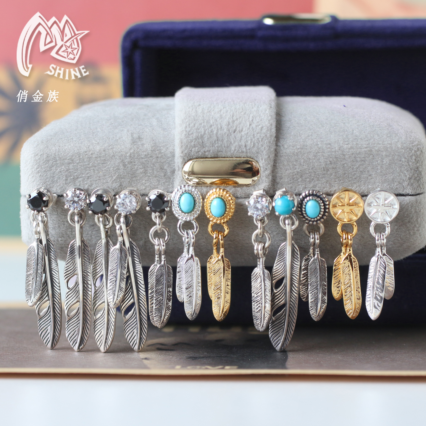 羽毛复古纯银男女绿松耳圈耳环