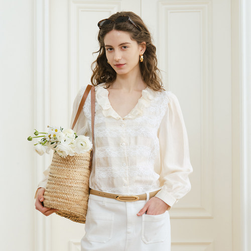 MELLOW SENSE 2026SS复古千金风衬衫荷叶边V领重工蕾丝长袖上衣