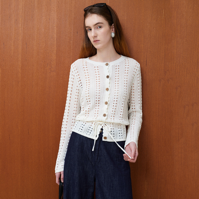 MELLOW SENSE亚麻法式镂空针织抽绳收腰长袖开衫棉上衣