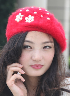 韩版秋冬兔毛帽子女士贝雷帽保暖护耳帽画家帽兔毛针织珍珠毛线帽