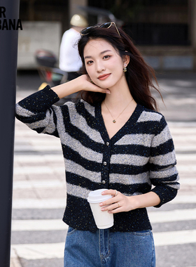 MIKIBANA2024秋冬新款条纹针织开衫女保暖舒适通勤上衣J44TP3324