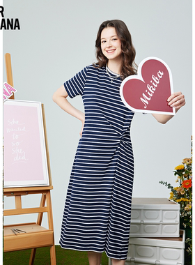 Mikibana短袖条纹圆领侧腰收褶宽松春夏女式连衣裙J41OD3239
