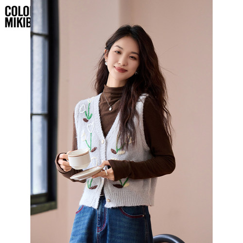 MIKIBANA植物绣花卉针织马夹女2024秋冬百搭舒适上衣J44TP3307