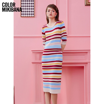MIKIBANA春秋款修身优雅针织连衣裙高级感圆领气质女装J44OD3368