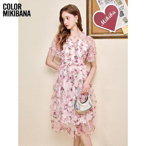MIKIBANA气质款碎花蕾丝宫廷风短袖连衣裙JM2ZB0070