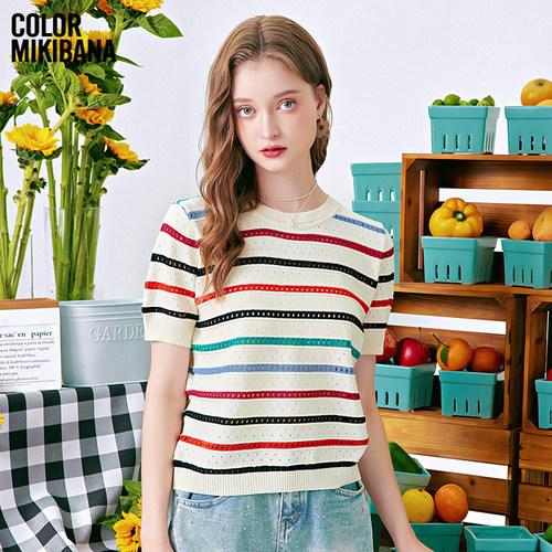 Mikibana彩虹条冰爽丝透气舒适女式针织衫短袖T恤衫JM2ZB0051