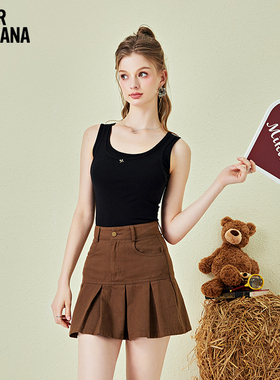 MIKIBANA女式M字U领串色T恤甜酷辣妹背心纯色无袖上衣女J41TT3225