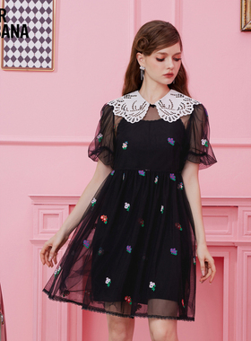 MIKIBANA黑色圆领连衣裙2024夏季新款高级网纱感裙子Z32OD8833