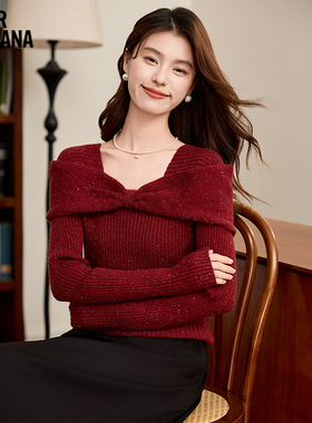MIKIBANA酒红色一字露肩薄款别致新年春节毛针织衫女J44TP3588