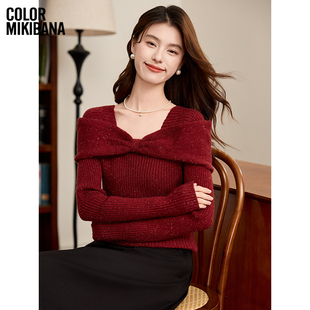 MIKIBANA酒红色一字露肩薄款别致新年春节毛针织衫女J44TP3588