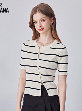 Mikibana斜拉链冰丝条纹针织衫不规则设计感正肩T恤上衣J41TP3195