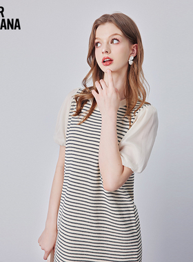 Mikibana短袖条纹圆领侧腰宽松春夏女式连衣裙J410D3201