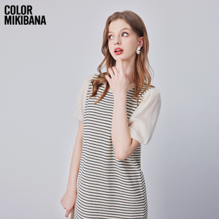 Mikibana短袖 连衣裙J410D3201 条纹圆领侧腰宽松春夏女式