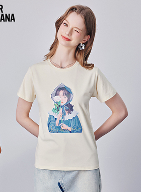 Mikibana印钻花瓣小女孩圆领宽松套头短袖T恤上衣春夏J41TT3087