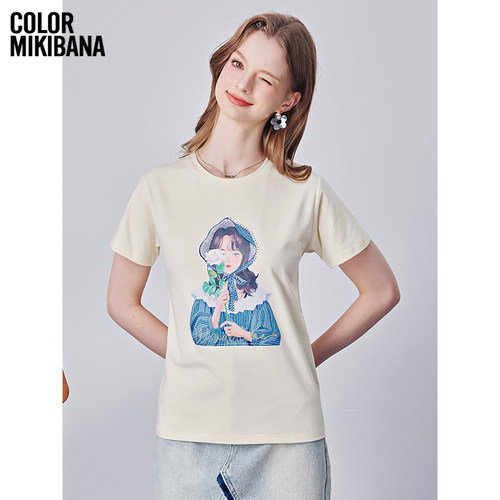 Mikibana印钻花瓣小女孩圆领宽松套头短袖T恤上衣春夏J41TT3087