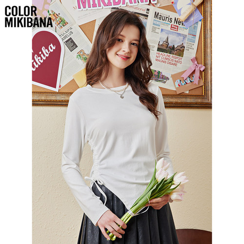 Mikibana不规则廓形结构抽褶圆领长袖宽松套头T恤上衣春J41TT3129