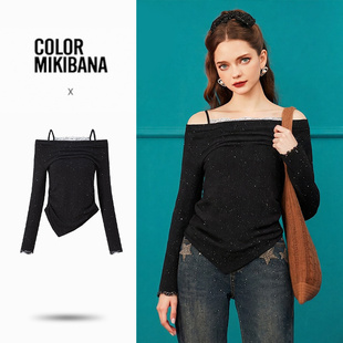 MIKIBANA春季新款蕾丝吊带一字肩不规则针织T恤上衣女J61TT1344