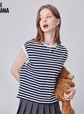 Mikibana撞色条纹字母刺绣宽松通勤圆领短袖T恤上衣春夏J41TT3238