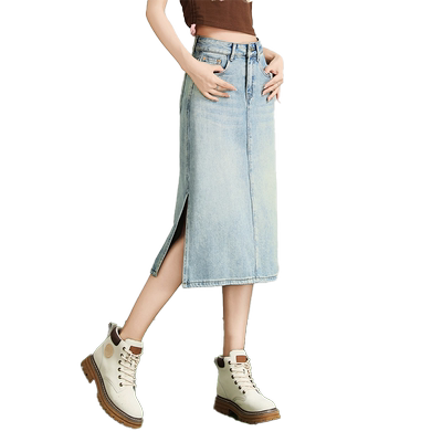MIKIBANA牛仔半身裙女高腰遮胯a字显瘦中长款开叉包臀裙J41JK3014