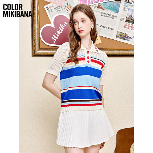 MIKIBANA针织polo衫条纹短袖遮肚子显瘦休闲百搭上衣女JM2ZB0054