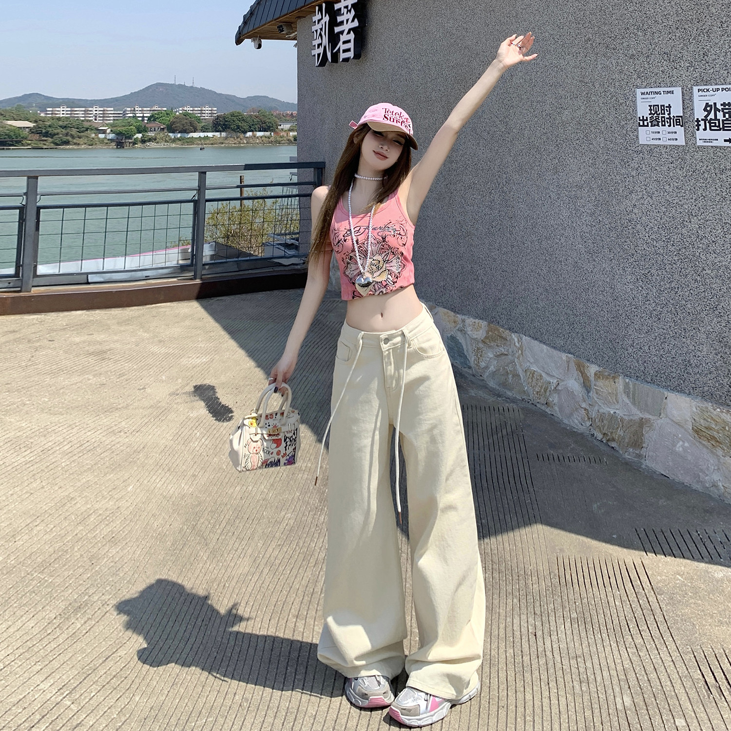 2025春款美式抽绳低腰垂感百搭时尚宽松显瘦直筒女仔裤女Y5026
