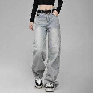 153小个子浅蓝色牛仔裤女新款宽松显瘦阔腿裤休闲直筒阔腿裤