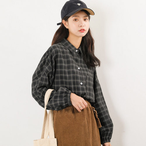 eal春季格子上衣韩版女长袖衬衫