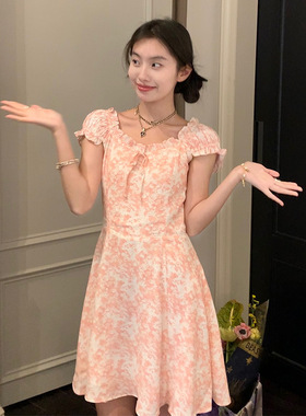 EAL韩版复古碎花茶歇连衣裙女2025夏季楠涛甜美短款收腰显瘦裙子