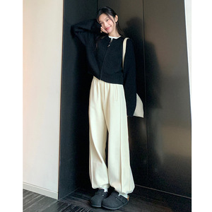EAL柔软加绒保暖质感高腰显瘦休闲卫裤女2023秋冬运动宽松束脚裤